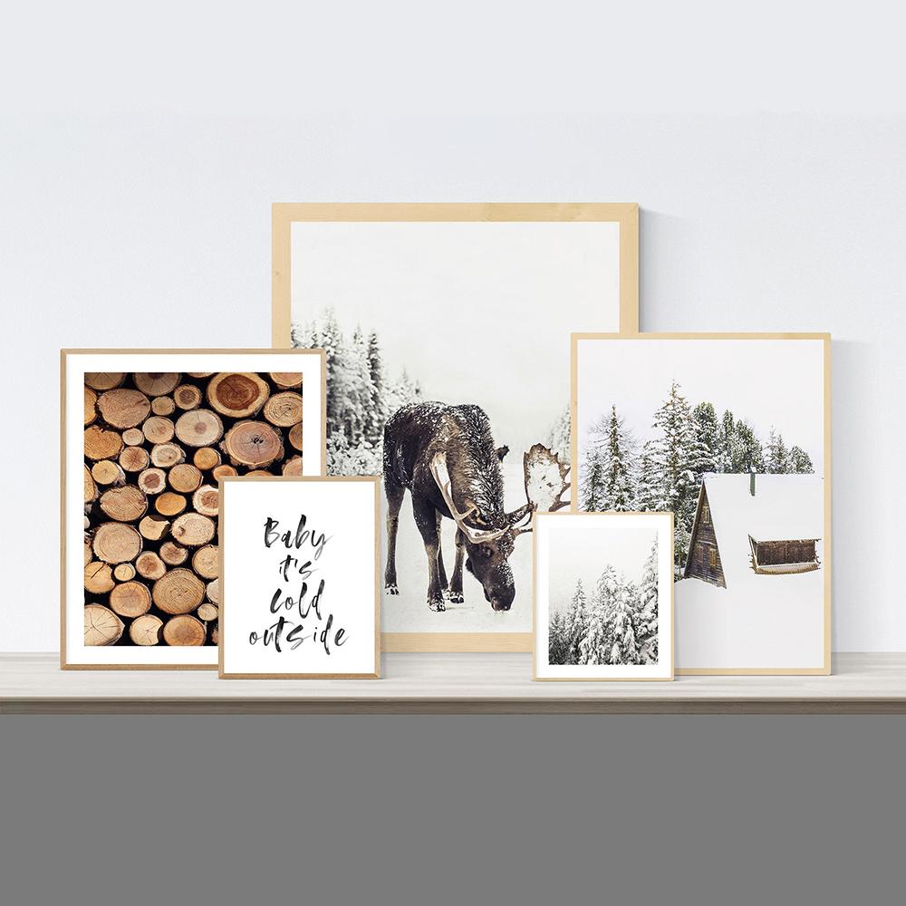 Зимний принт бревенчатая избушка с лосем настенное искусство лесной рождественский декор деревенский зимний холст постер современный скандинавский декор для гостиной