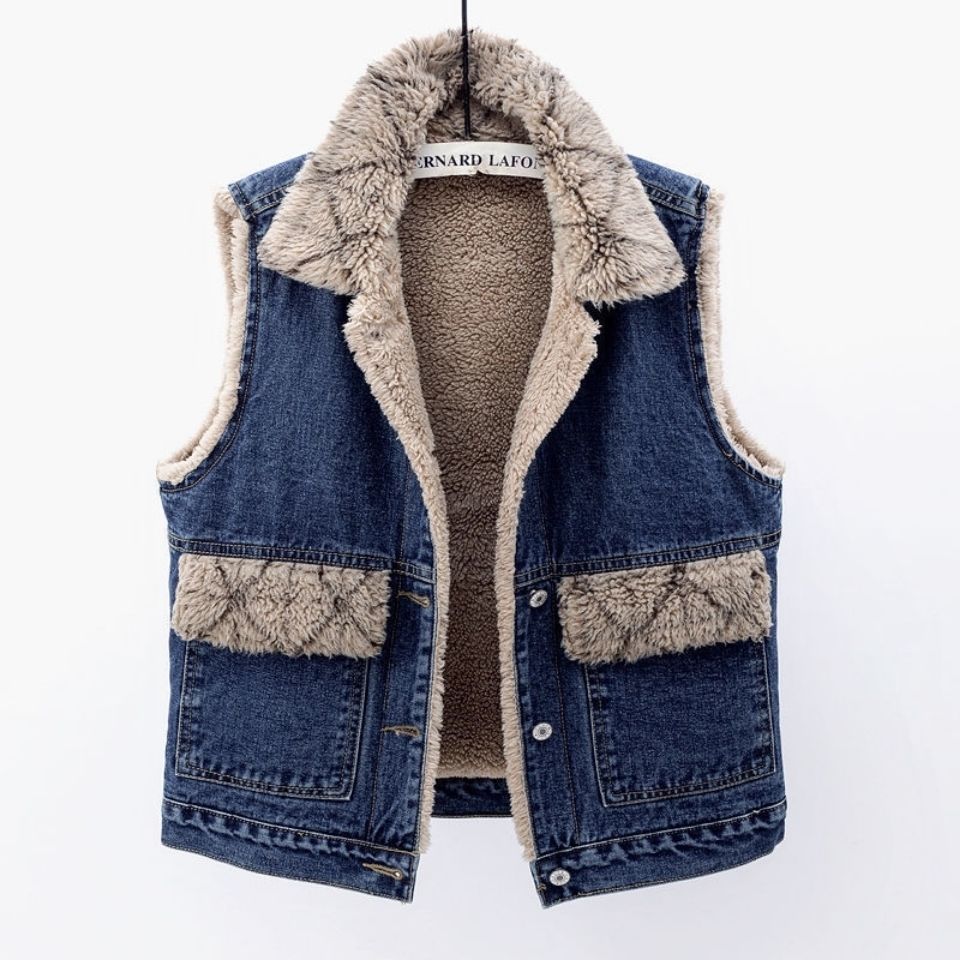 Retro Blue Lambhair and Plush Thick Denim Vest Women's Winter Casual Sleeveless Jacket