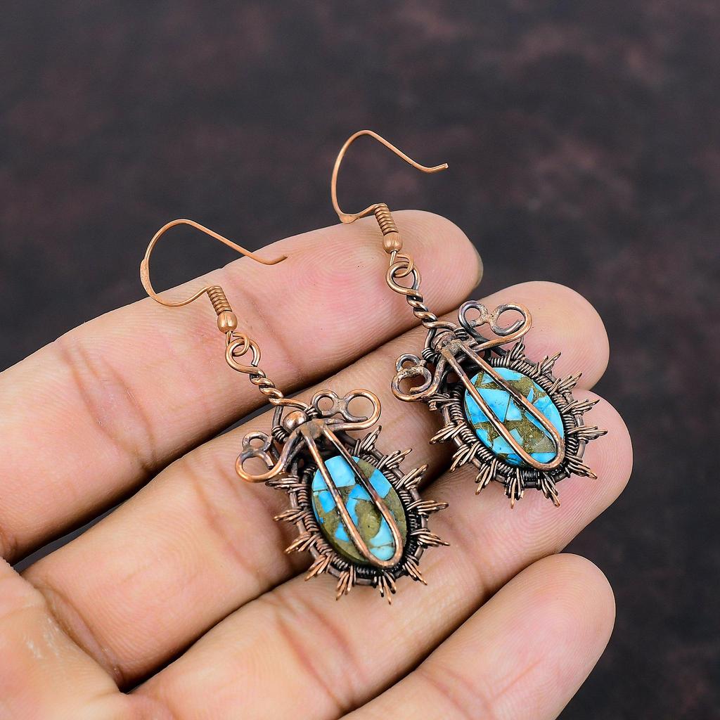 Медные синие бирюзовые серьги Серьги из медной проволоки Серьги из настоящего драгоценного камня Медные украшения Серьги ручной работы Ювелирные изделия из проволочной обмотки для подарка