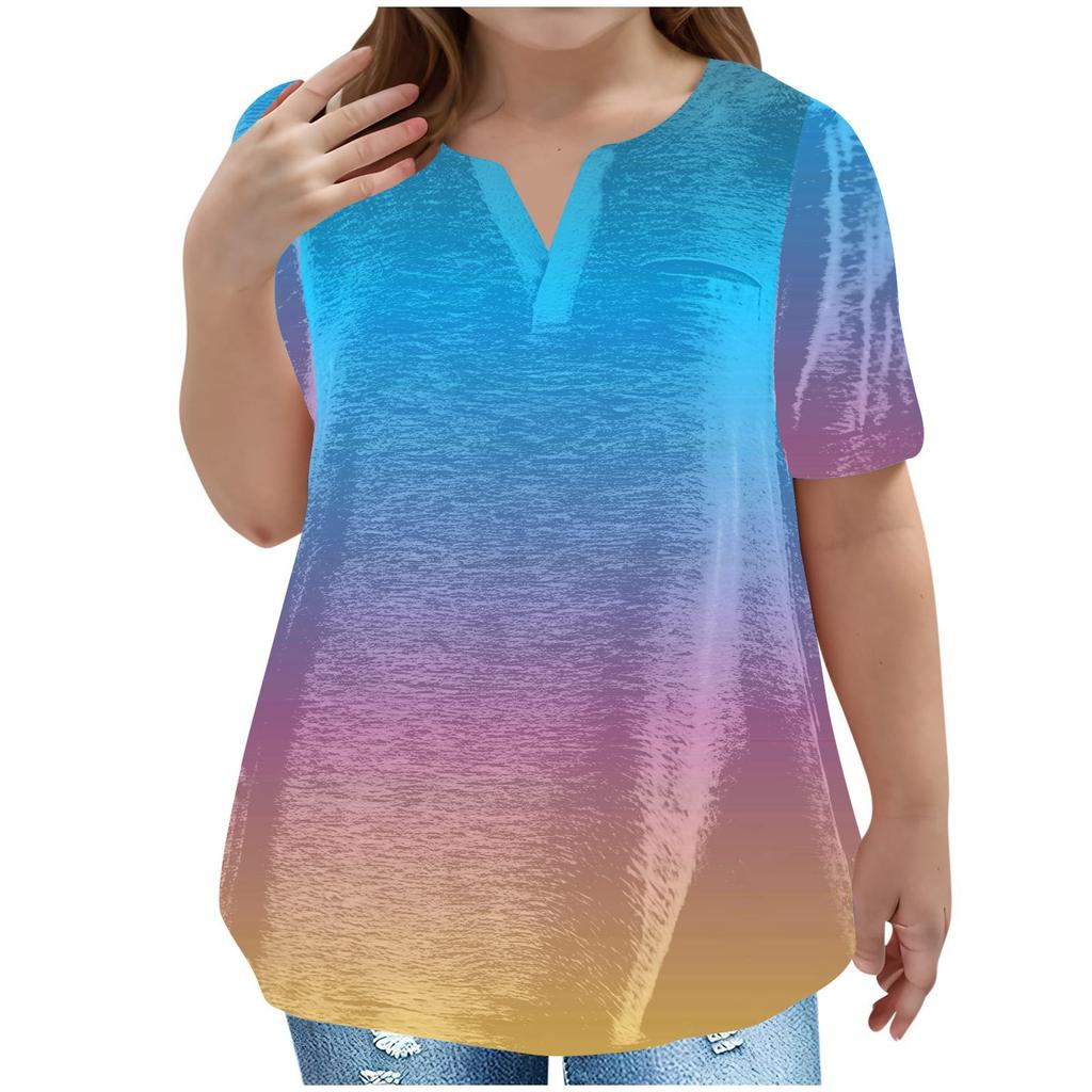Children's Plus-size T-shirt Gradient Casual Fashion V-neck Short-sleeved Pocket Top