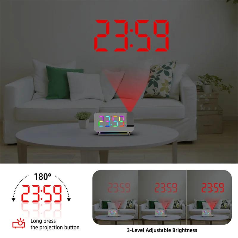 Проекционные часы с будильником 180° и RGB-подсветкой, FM-радио, 6 уровней громкости, Настольные часы, 12/24-часовой формат, 2 USB-порта, Цифровой LED-часы