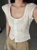 Summer French White Lace Collar Button-Up Cotton T-Shirt for Women