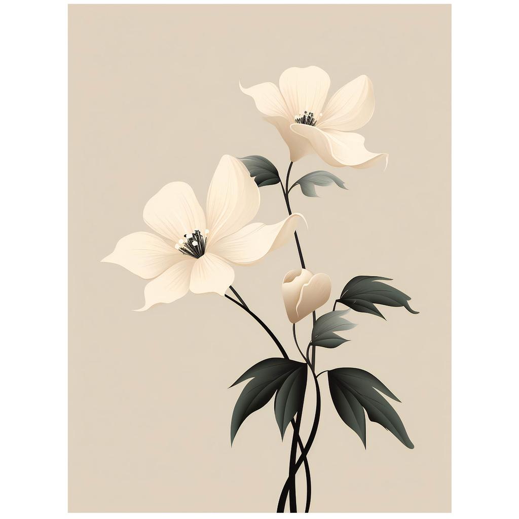 Biała Elegancja - Minimalistyczny Kwiatowy Plakat Biała Elegancja - Minimalistyczny Kwiatowy Plakat, 30X40 Cm, Rama Drewniana Jasny Dąb, Papier Matowy