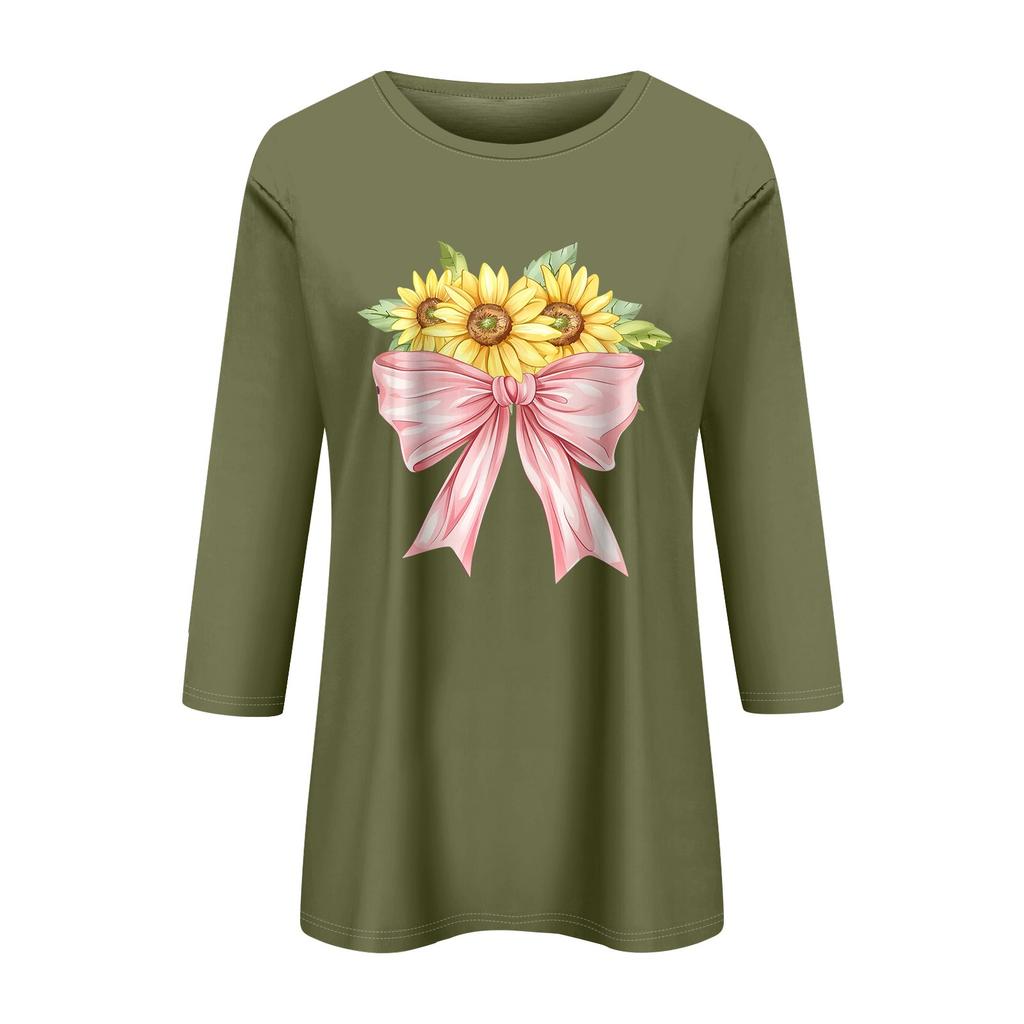 Женская мода повседневный принтованный топ с семью рукавами и круглым вырезом