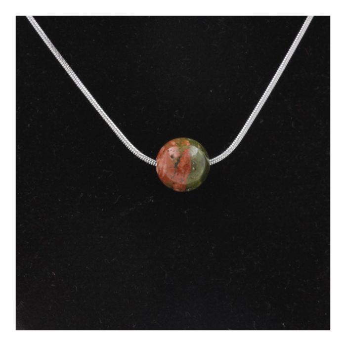 Stones and Minerals. Necklace 1 Unakite Pearl 8 Mm Stainless Steel Chain.