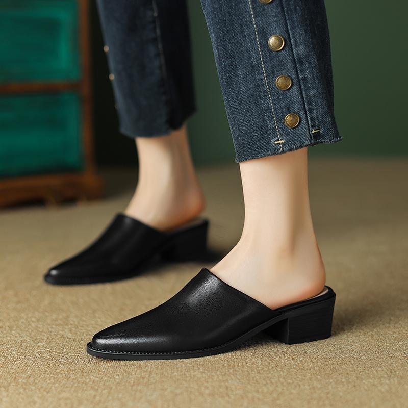 2024 Новые лаконичные женские туфли-лодочки весна-лето офисные повседневные мюли из натуральной кожи с острым носком на толстом каблуке тапочки женские