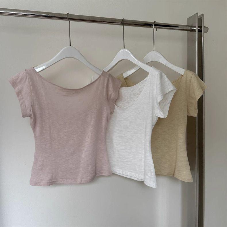 Розовая футболка из бамбукового хлопка с U-образным вырезом, облегающего кроя, с короткими рукавами для женщин - Летний корейский стиль