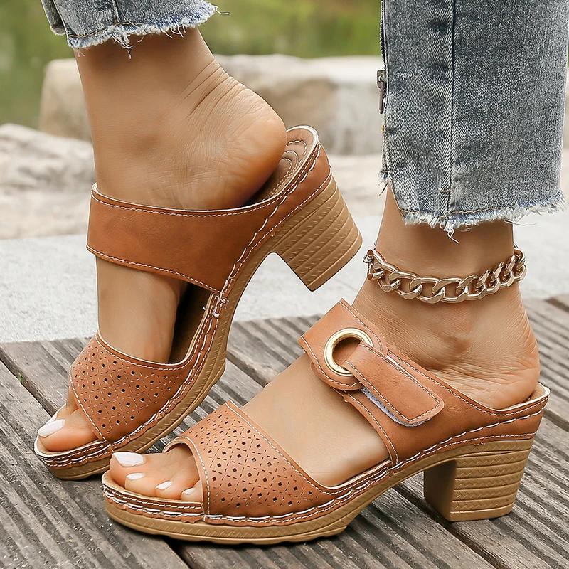 Модные сандалии на толстом высоком каблуке с застежкой-липучкой, женские, с вырезами, летние, пляжные, женские, больших размеров, противоскользящие, на платформе, сандалии для женщин