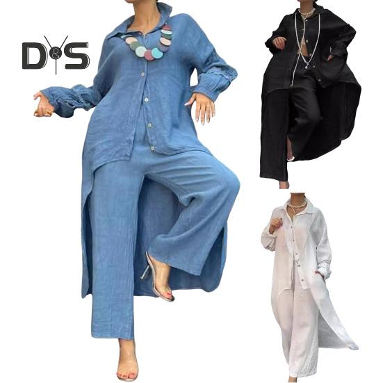 2 Pcs/Set Fall Spring Women Shirt Pants Set Long Sleeves Lapel Lace Cuff Button-down Irregular Hem Blouse Elastic Waist Trousers OL Commuting Sport