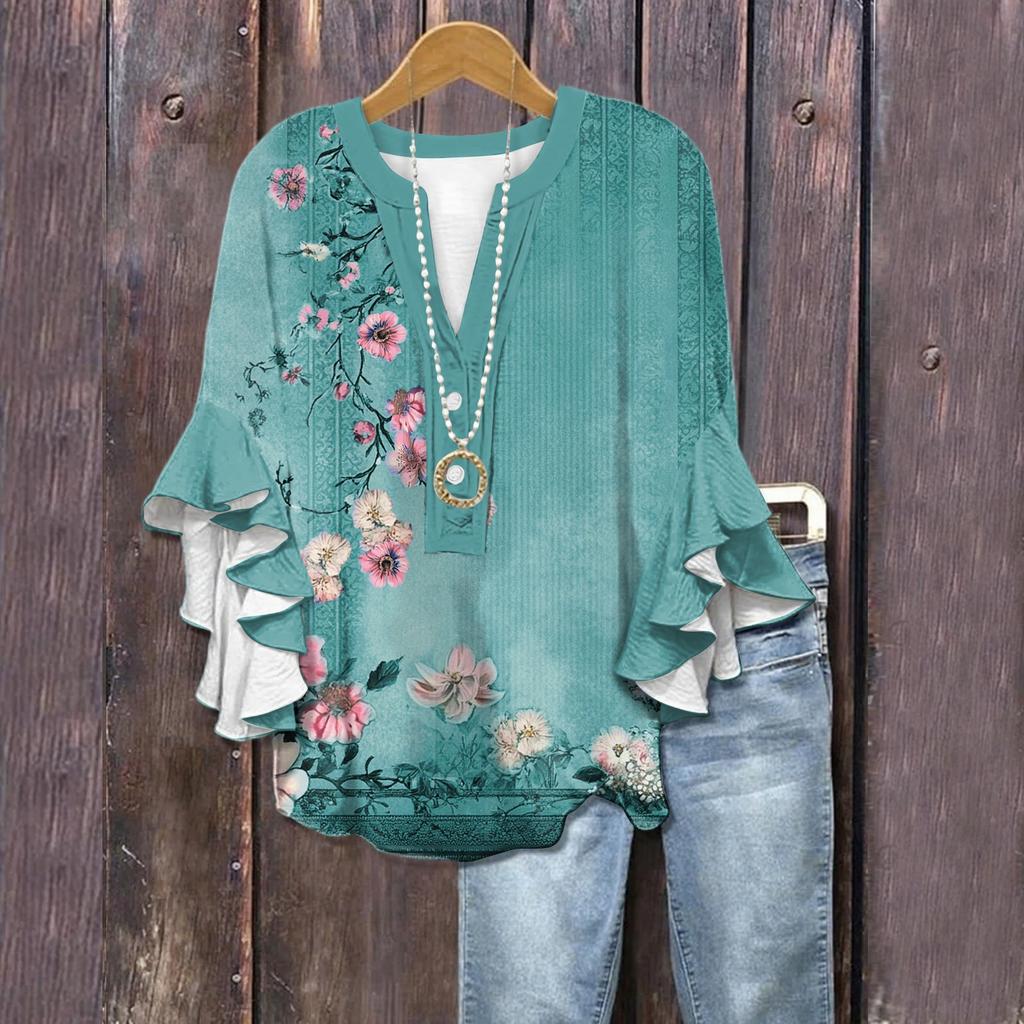 Summer Tops For Women Cute V Neck 3/4 Sleeve Blouses Floral Print Top Casual Shirts