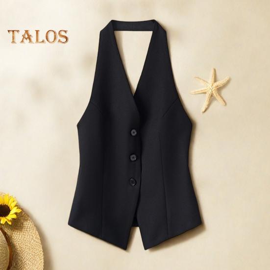 Женский жилет с V-образным вырезом на шее, пиджак на пуговицах с открытой спиной, укороченный жилет без рукавов, винтажный нарядный жилет