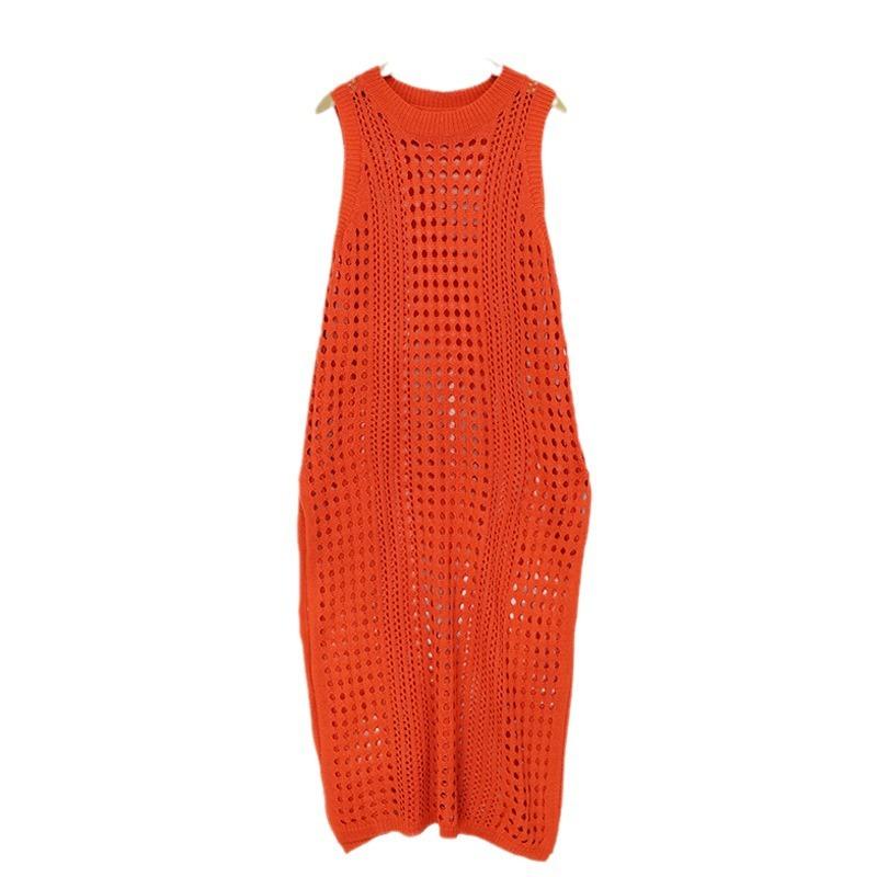 Летний женский полый вязаный жилет, морское длинное платье с круглым вырезом, без рукавов, пляжная накидка