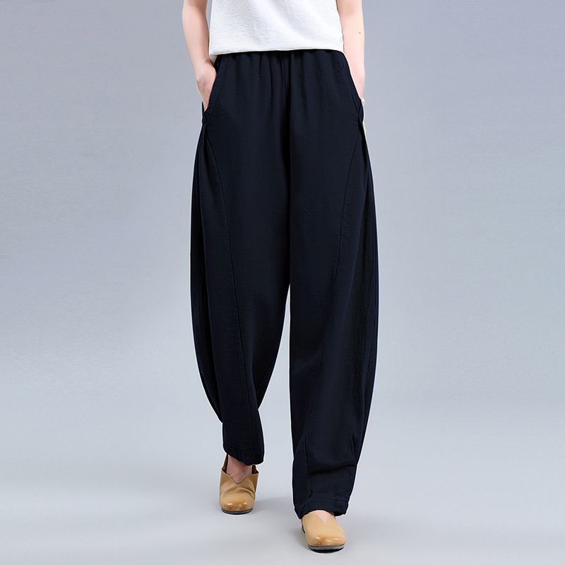 Хлопок льняные драпированные шаровары женские летние винтажные свободные широкие повседневные льняные брюки с высокой талией