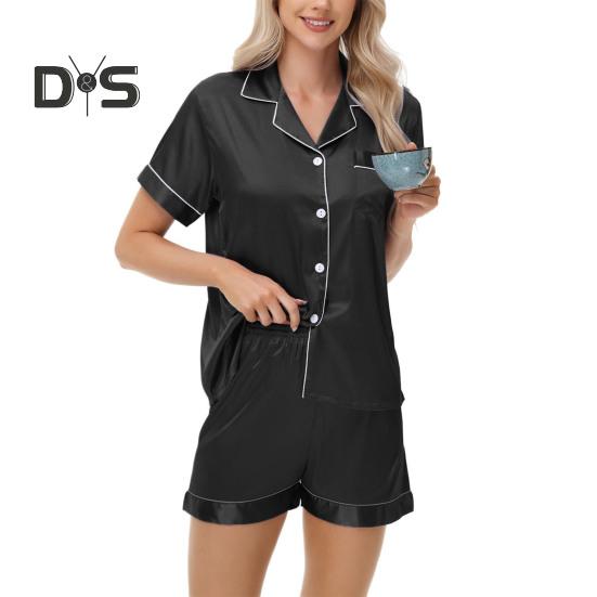 Пижамный костюм из 2 предметов, атласный однобортный кардиган, рубашка с V-образным вырезом, воротником-стойкой, однотонная рубашка с нагрудным карманом, свободные шорты, ночная рубашка, одежда для сна