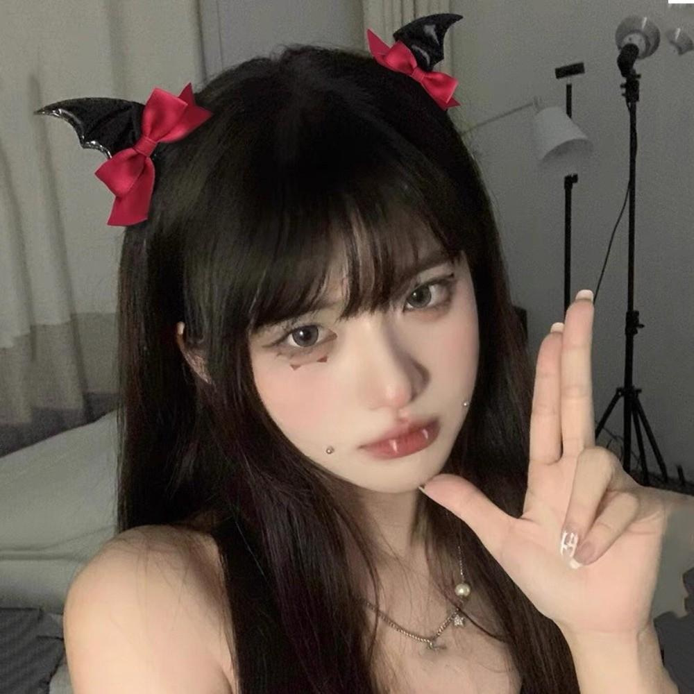 2 Pcs Y2K Bat Wings Hair Clips Bow Devil Horn Hair Clips Fashion Bat Duckbill Clips Cosplay