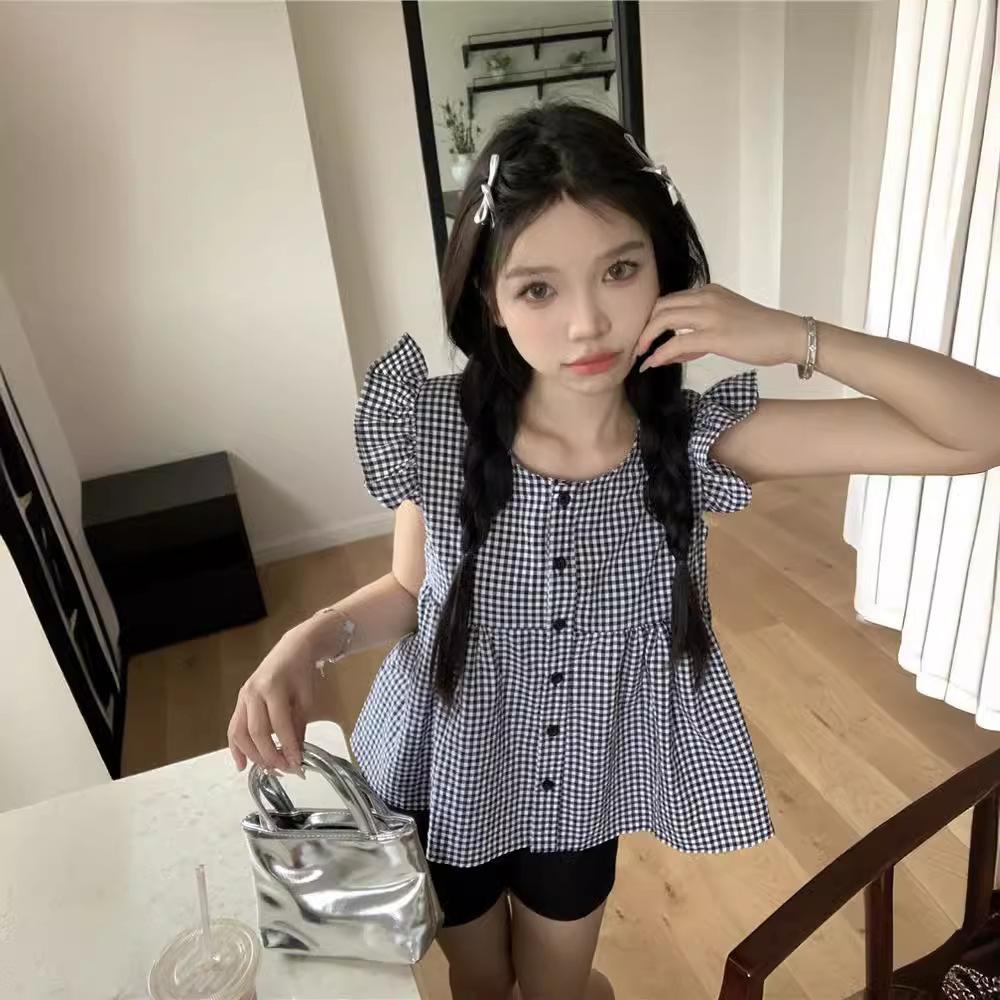 Black Ear Button-down Summer New Style Women's Solid Color Versatile Square Collar Plaid Ruffle Sleeveless Button-down Top