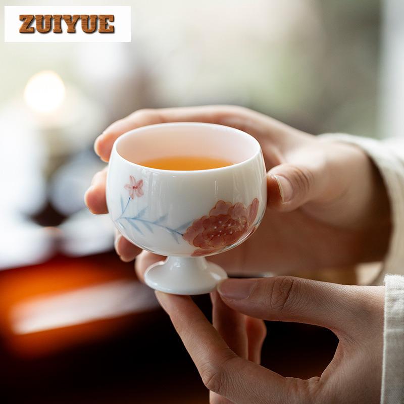 90ml Hand Drawn Peony Flower Teacup Arita Porcelain High Footed Tea Bowl Master Cup Meditation Cup Coffee Mug Tea Ceremony Gift