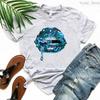 2024 Hot Sale Black T Shirt Unisex Pink Glitter Lips Graphic Print Tshirt Femme Luxurious Makeup Sexy Tshirt Haut Femme