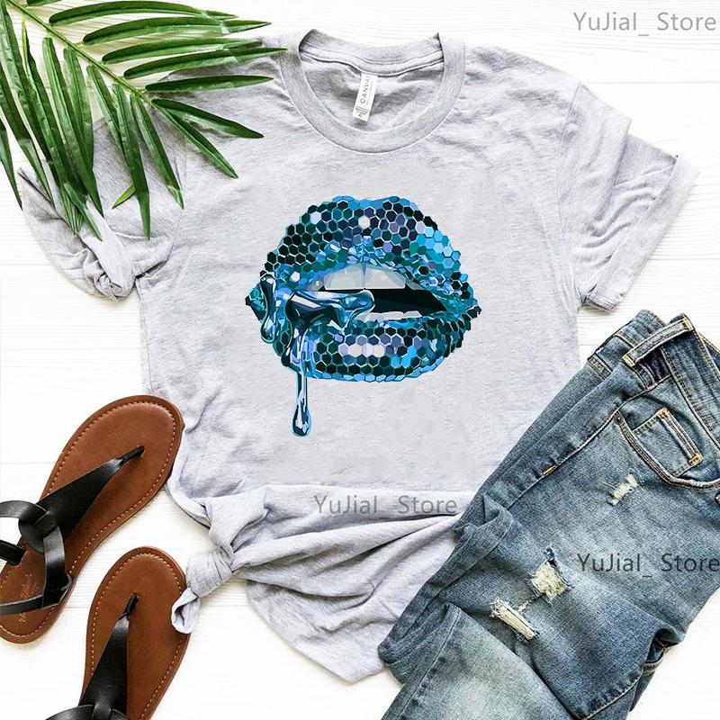 2024 Hot Sale Black T Shirt Unisex Pink Glitter Lips Graphic Print Tshirt Femme Luxurious Makeup Sexy Tshirt Haut Femme