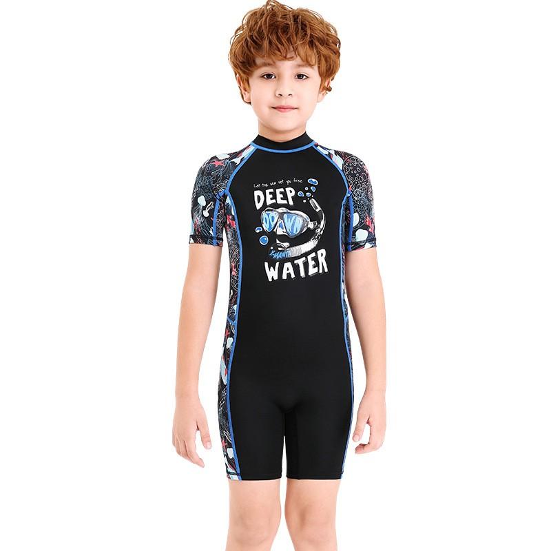 Kids UV Protection Swimsuit With Short Sleeves One-Piece Rash Guard Girls Boys Toddler Beach Snorkeling Quick-Dry