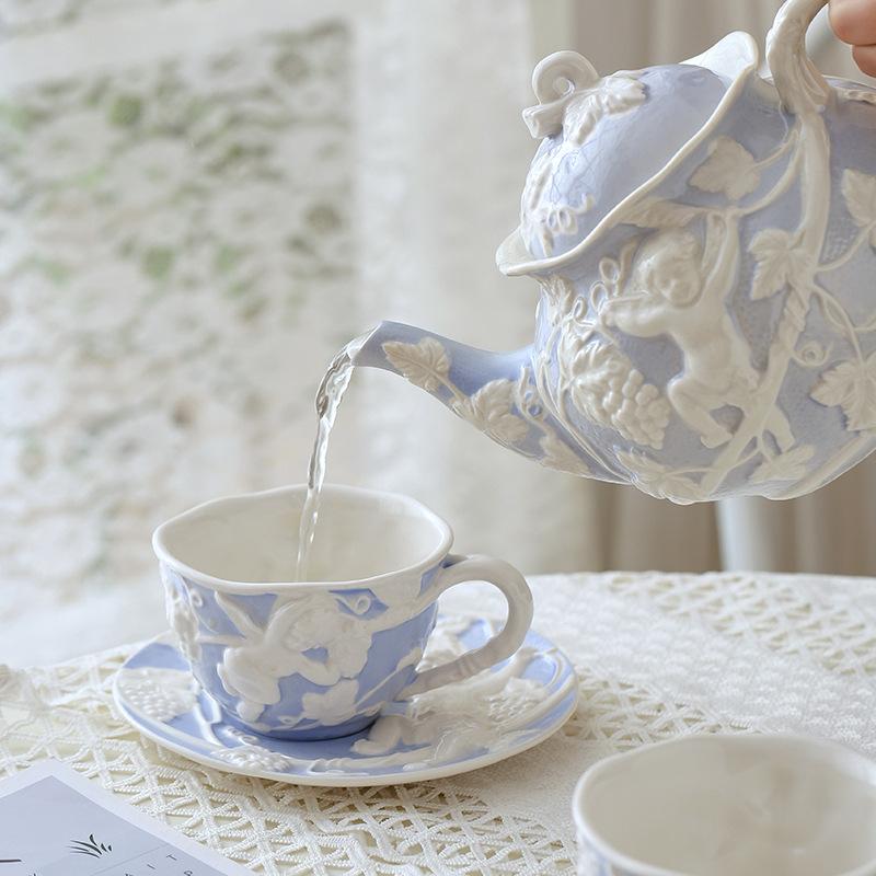 Angel Relief Retro Ceramic Teapot Tea Set Afternoon Tea Coffee Cup Plate European Palace Style Dish Kettle Set Household
