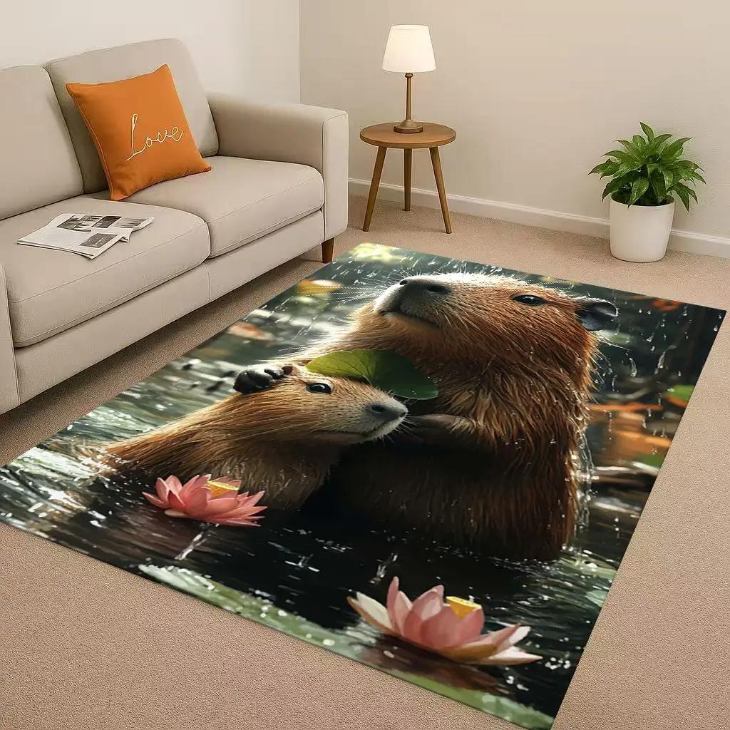 3D Cute Capybara Art Cartoon Living Room Non-Slip Area Rug Soft Carpet for Bedroom Playroom Sofa , Easy Clean Home Decor Doormat