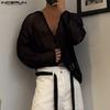 INCERUN Oversized Men Tie Up Long Sleeve Buttons Up Mesh See Through Hollow T-shirts Tops