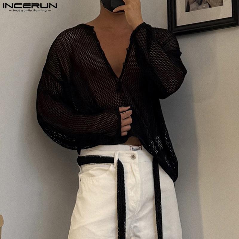 INCERUN Oversized Men Tie Up Long Sleeve Buttons Up Mesh See Through Hollow T-shirts Tops