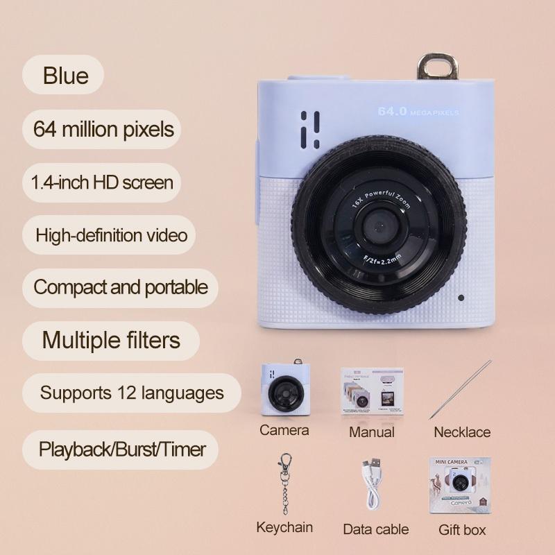 Mini Palm-Sized HD Digital Camera, Camera Keychain Digital Camera, 64MP, 1.4-inch HD Screen, 16x Zoom, Multiple Filters