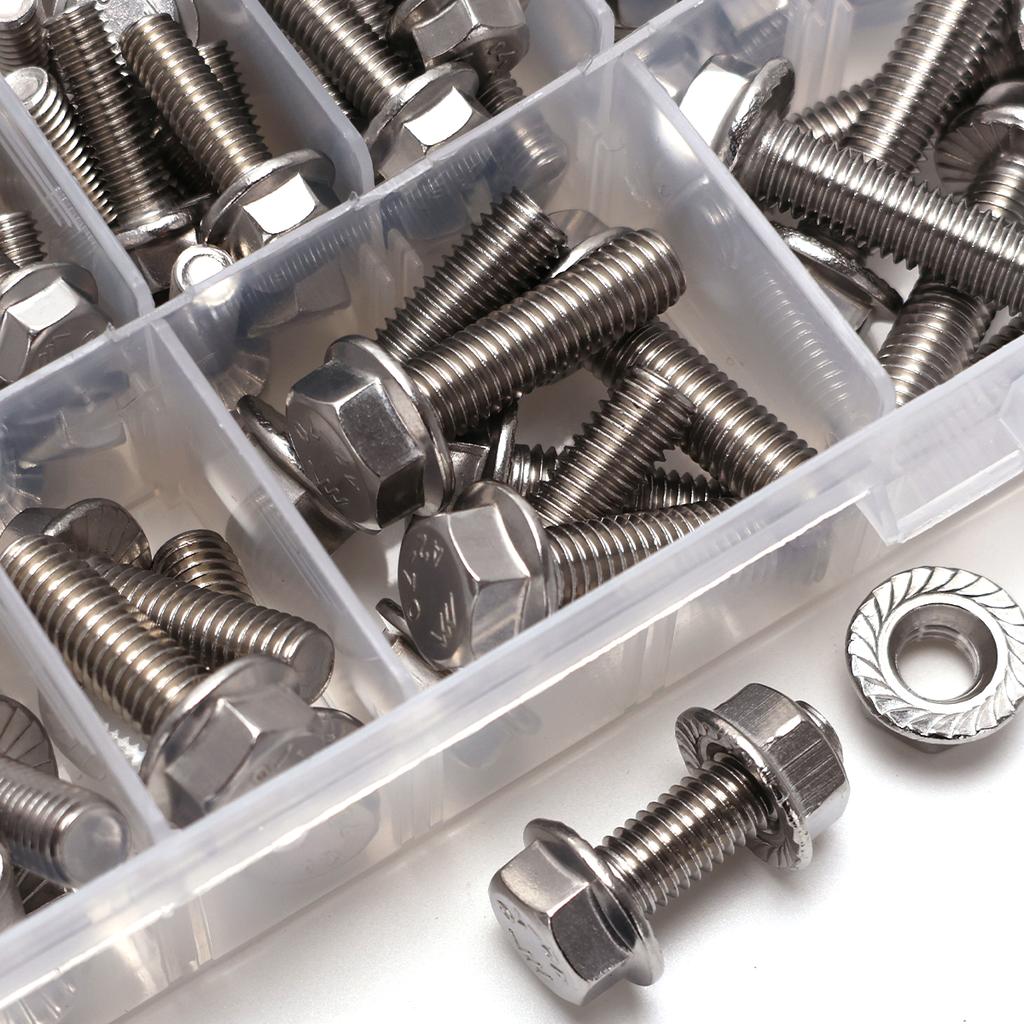 186PCS flange bolt and nut kit, stainless steel metric flange hexagon nuts, M5 M6 M8 including 14 common sizes, full thread set