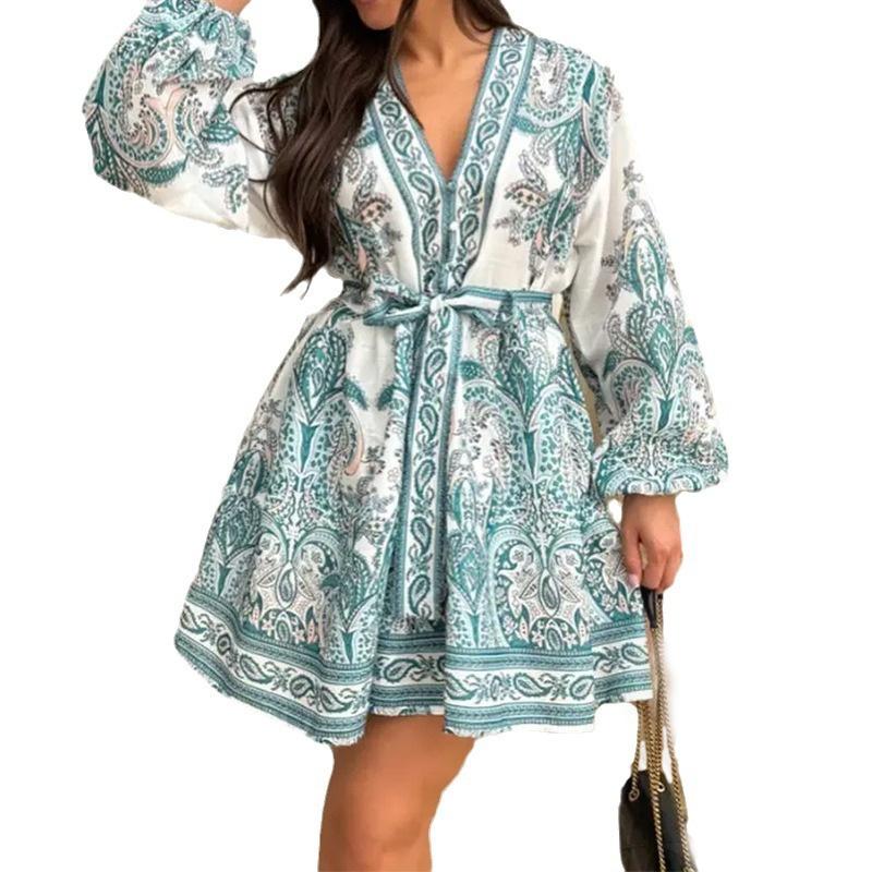YYFS Women's Fashion Spring Fall Flower Pattern Print Long Sleeve V-Neck High Waist Casual Dresses