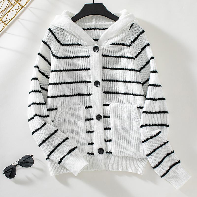 Women's Hooded Knit Loose Pocket Striped Cardigan Sweater
