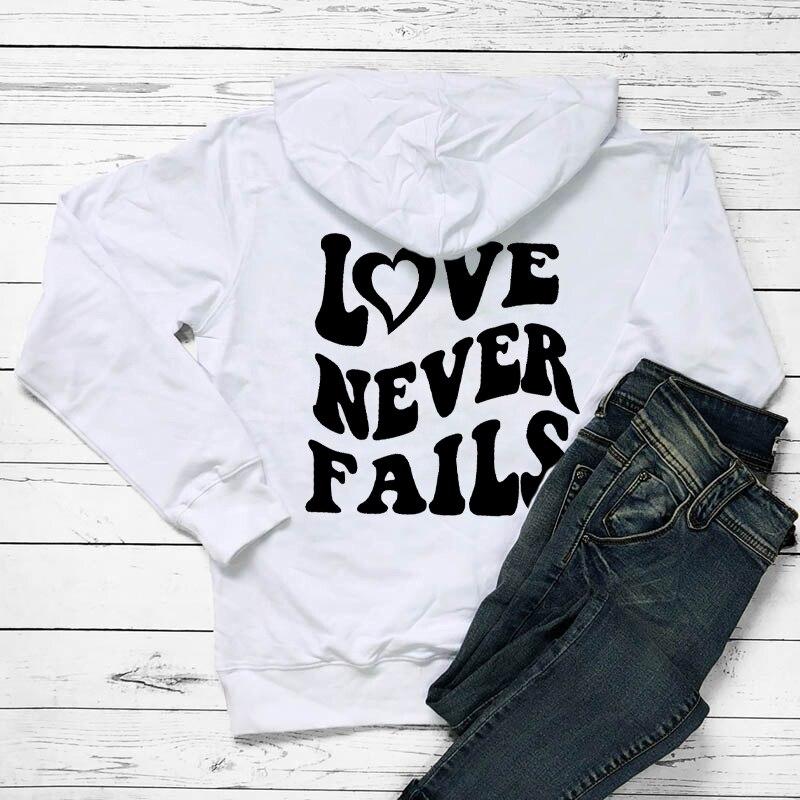Женские толстовки Love Never Fails, вдохновляющие модные эстетические 100% повседневные джемперы с карманами и карманами Tumblr