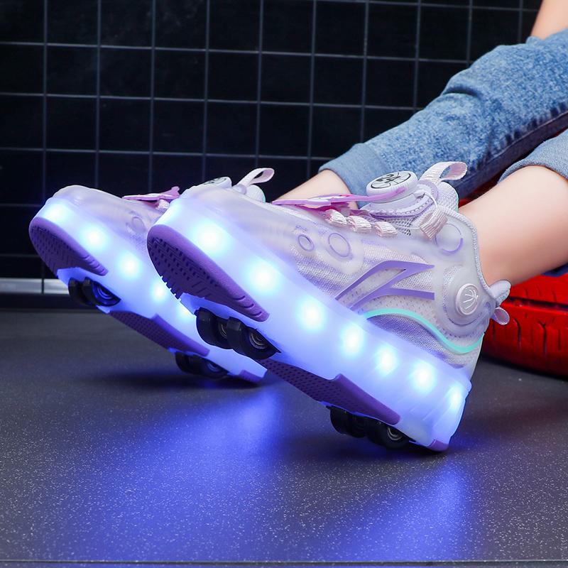 Четырехколесные новые сетчатые светодиодные прогулочные туфли с вращающейся кнопкой детские роликовые коньки обувь для девочек прогулочные туфли для мальчиков