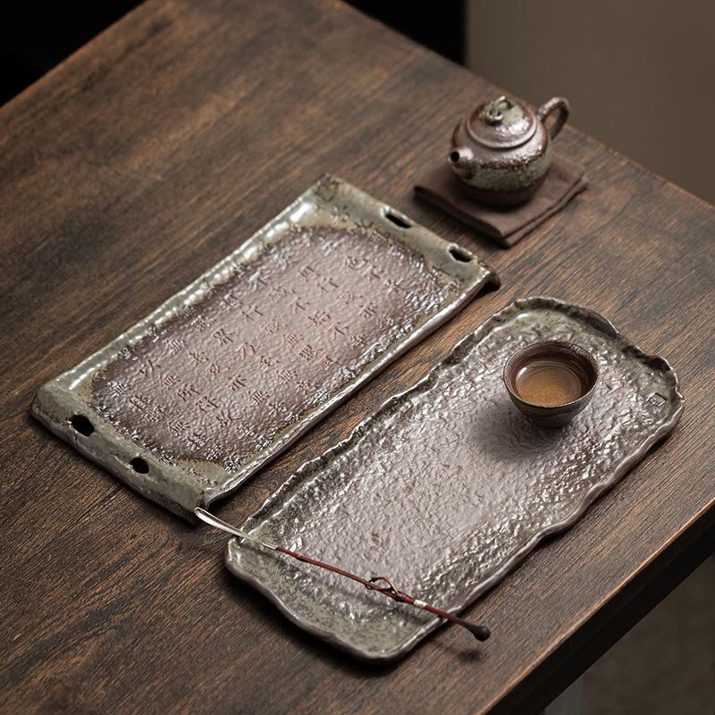 Retro Old Rock Mud Tea Tray Rectangular Dry Brewing Tray Chinese Heart Meridian Dry Brewing Table Simple Household Kung Fu Tray
