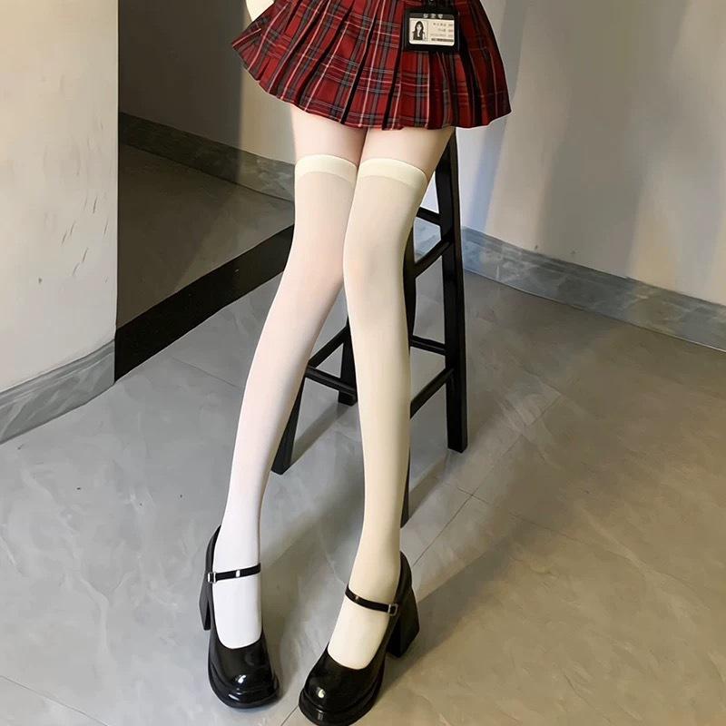 Романтичные черные чулки-ботфорты с кружевом - Прозрачные белые сетчатые летние чулки до бедра