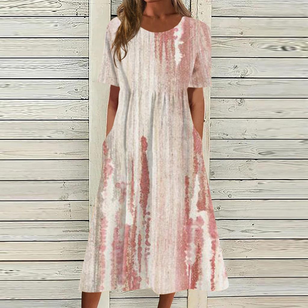 Жен. Повседневные платья Платья с принтами Летние платья С принтами Плиссированные платья-миди с круглым вырезом Классический Классический На открытом воздухе Повседневные С короткими рукавами Свободные платья