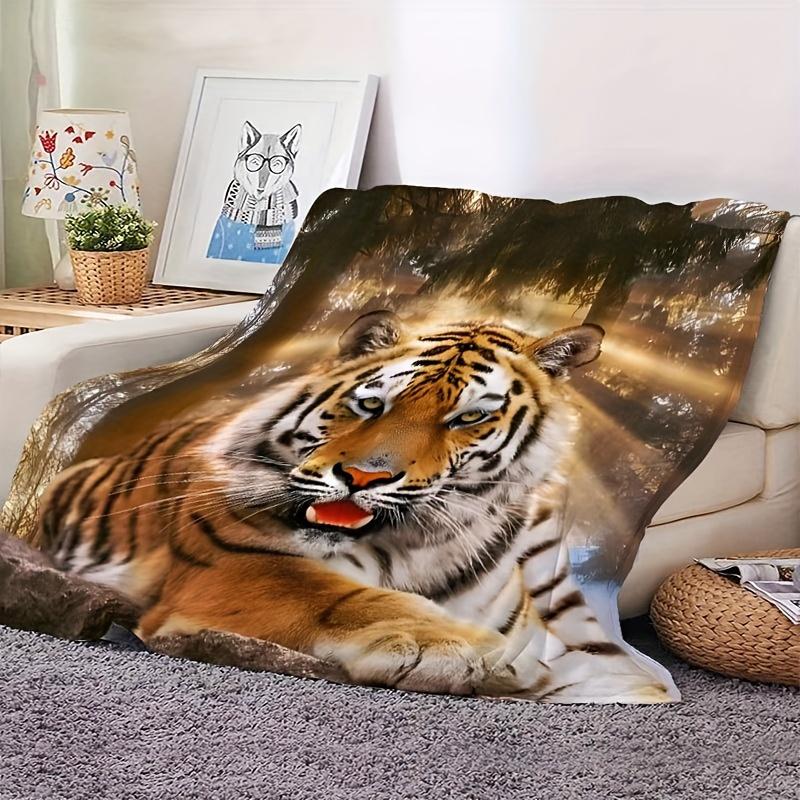 Tiger Print Flannel Blanket – Ultra-Soft Lightweight Throw – Hypoallergenic Cozy for Sofa Bed Travel