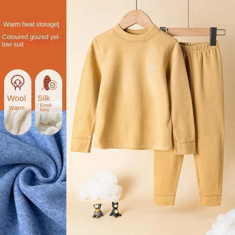 Термобелье для подростков и детей, шерстяное, шелковое, мягкое, уютное, из двух частей, для мальчиков и девочек, домашняя одежда, плотная, теплая, дышащая, детская одежда для сна