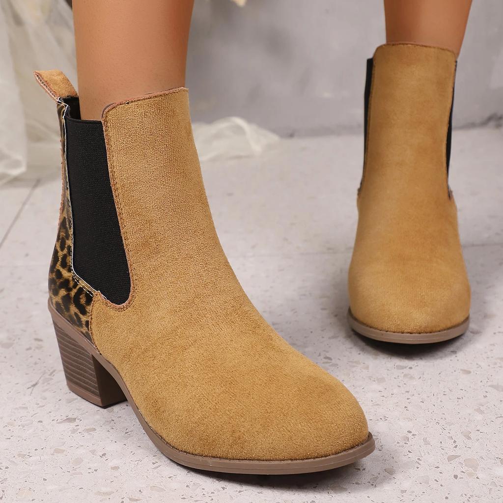 Fashion Leopard Print Chelsea Ankle Boots for Women Faux Suede Patchwork Chunky Heel Booties Woman Plus Size Fashion Short Botas Mujer