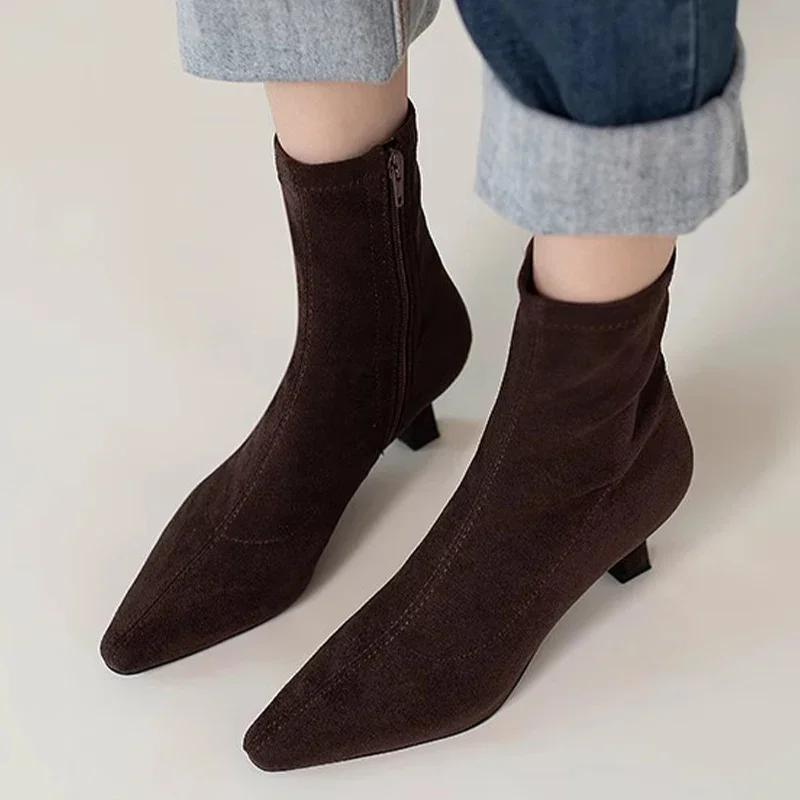 Suede Pointed Toe Ankle Boots Women Sexy Mid Heels Shoes 2024 Trend Autumn Winter Snow Boots Woman Fashion Elegant Mujer Zapatos
