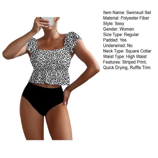 2 шт./комплект Женский купальник Комплект Квадратный вырез Воланы Короткий рукав Полосатый принт Топы Высокая талия Плавки Комплект купальных костюмов