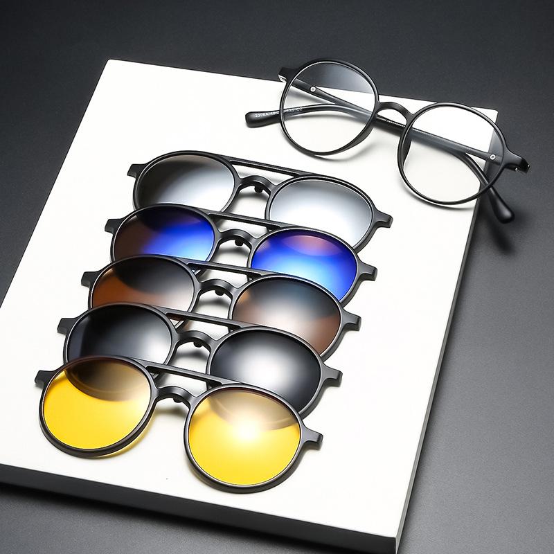 Myopia Sunglasses Fashion Round Women Men Polarized Magnetic Clip Glasses 6 in 1 Mirror Set Prescription Eyewear -1.0~6.0