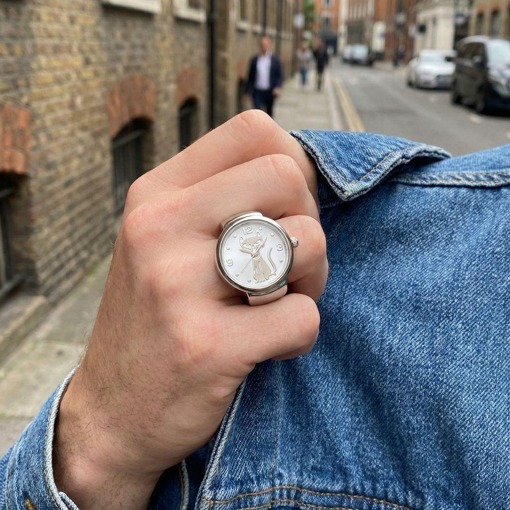 Круглые Кольцо-Часы Золотой Циферблат с Кошкой Punk Кварцевые Часы Аксессуары для Одежды