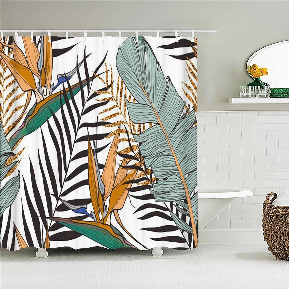 Tropical Plant Leaves Bath Curtain Waterproof Fabric Shower Curtains Colorful Palm Leaf Print Bathtub Screen for Bathroom Decor