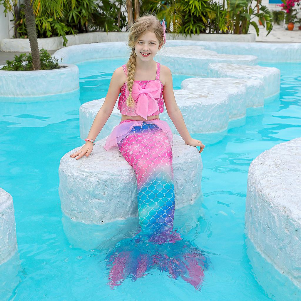 Купальник из 3 предметов для девочек, купальник с хвостом русалки для плавания, костюм принцессы русалки, комплект бикини для детей от 3 до 12 лет, лето 2024 г.