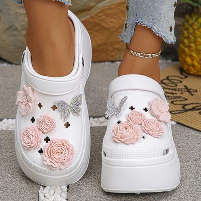 Модные сабо на массивной платформе с большим цветком для женщин Лето 2025 Высокий каблук Мягкие сандалии из ЭВА Женская мода Кристаллы Бабочка Клинья Обувь