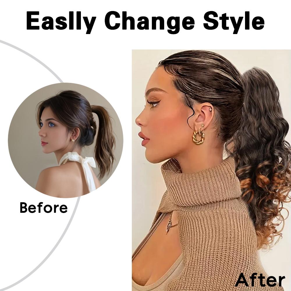 XINRAN Synthetic Long Wavy Brown With Golden Highlights Ponytails Hair Extension Claw Drawstring Ponytails For Women Daily Wear