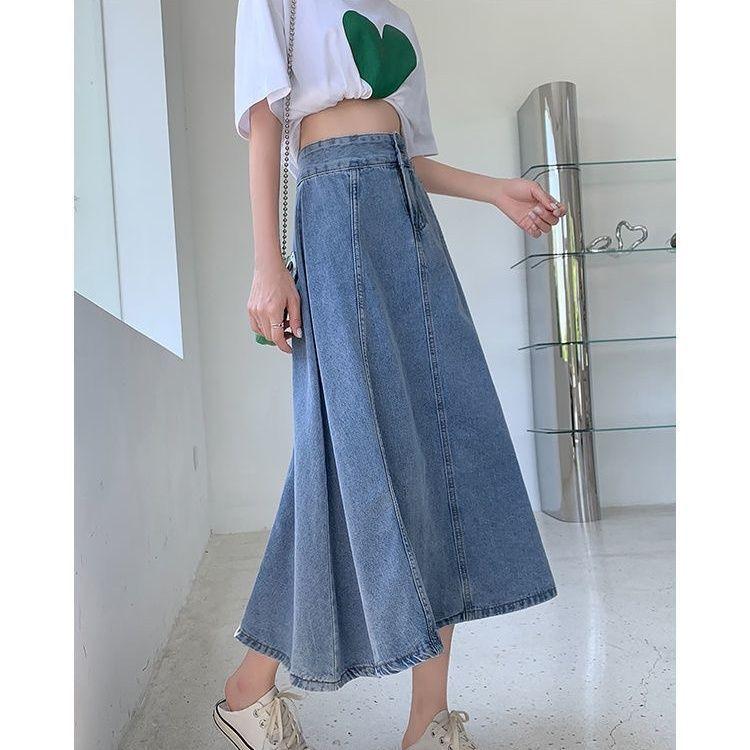 Весна Осень Женская Мода Повседневная Джинсовая Юбка с Высокой Талией Миди А-силуэта