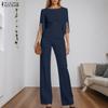 Women Casual Round Neck Loose Half Sleeve Long Jumpsuits